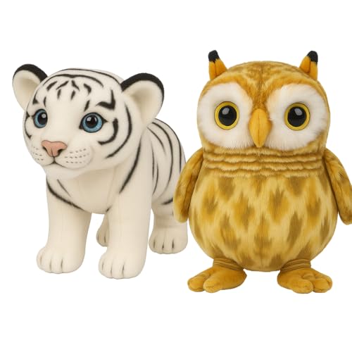 Image of Combo Pack of 2 ? White Tiger Plush Toy (25cm) & Owl Soft Toy (20cm) ? Cute Animal Stuffed Toys for Kids, Birthday Gift
