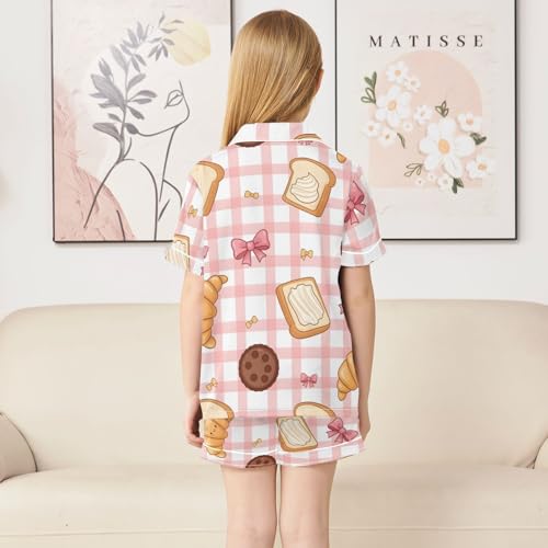 Satin Pajama Sets Short Sleeve Bread Croissant Cookies Butter Pattern Button Down Silky Nightwear 2 Piece PJS 5-14Y4