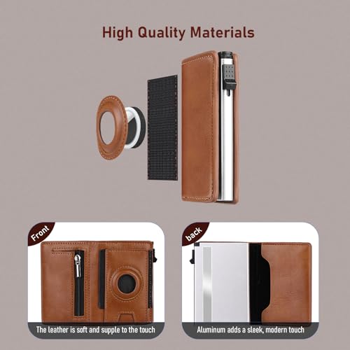 Airtag Wallet for Men, Mens Wallet Minimalist Slim Air Tag Wallet, RFID Blocking Smart Pop Up Wallet with Money Clip, Metal Card Holder Wallet with Magnet Closure, Brown4