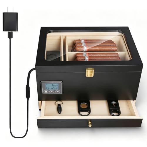 Electric Humidor Cabinet with Precision Humidity Control & Digital Display | 65-Capacity Double Cedar Shelves, Clear Front & Accessory Drawer, Father's Day Gift for Men Black