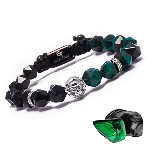 Lion King Beaded Bracelets for Men - Natural Stone Bracelets - Mens Bracelet with Stainless Steel Lion Head, Adjustable Cord, & Powerful Gemstones