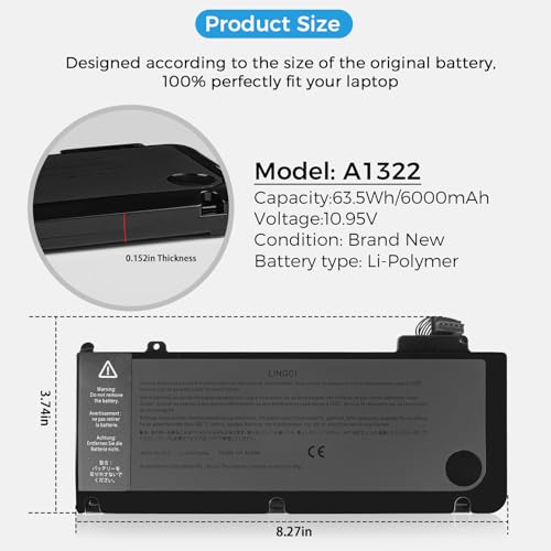 Image of A1278 Battery, A1322 Battery Replacement for MacBook Pro 13 Inch A1278 [Mid 2012 2010 2009 Early 2011 Late 2011] (Upgraded High Performance 63.5Wh 11.6V 6000mAh Li-Polymer)