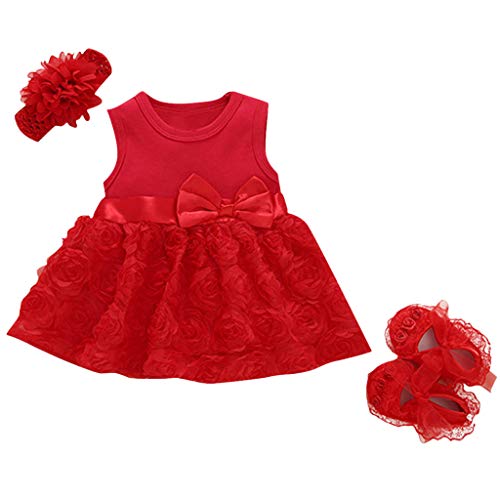 Youmymine Infant Baby Girl Sleeveless Dress Bowknot Flower Princess Skirt Shoes Outfits Set (0-3 Months, Red)