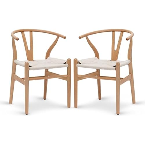 POLY & BARK Weave Dining Chairs – Mid-Century Modern Wishbone Dining Chairs with Arms, Solid Wood Frame, Indoor Use – Natural – Set of 2 - Ideal for Dining Room, Kitchen or Stylish Accent Setting
