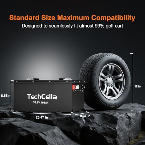 TechCella 48V 105Ah Lithium Battery for Golf Cart, 200A BMS, Touch Screen & Mobile APP, with 58.4V 22A Charger, Low Temp Cut Off, Max 10.24kW Power Output for EZ GO, Club Car, Yamaha Golf Cart