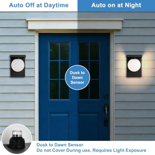 Image of Black Exterior Light Fixture, Dusk to Dawn LED Outdoor Wall Light, 12W Integrated LED Modern Farmhouse Sconce with Frosted Glass Globe Shade, Waterproof Porch Light for Front Door, Garage, Patio