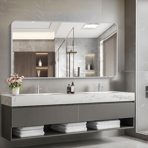 Image of 55x30 Inch Silver Bathroom Mirror, Large Rectangular Vanity Mirror, Metal Framed Rectangle Mirrors, Rounded Corner Wall Mounted Mirrors for Living Room Bedroom Entryway Horizontal or Vertical