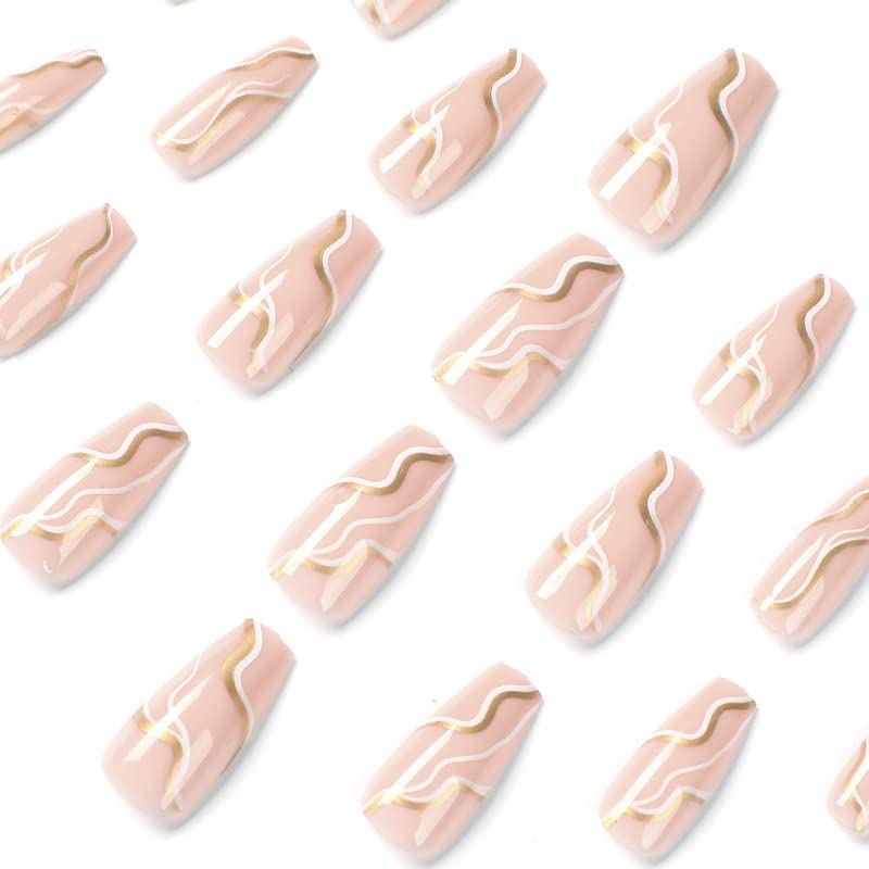 Miniatura 2 de VEDAR VEDAR-LT006 - Uñas postizas a presión con diseño de mármol rosa, con líneas doradas, de longitud media, con líneas blancas para mujeres, kit