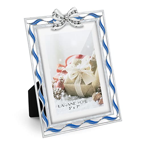 Laraine Picture Photo Frame 5X7 Metal Ribbon Bow Rhinestones High Definition Glass Display Pictures For Tabletop Home Decorative Holiday Gift (Blue) #TOP1