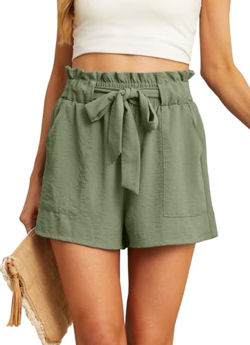 IWOLLENCE Womens Shorts with Elastic Waistband and Knotable Belt Elegant Ladies Summer Shorts for Women UK with Pockets (Green, L)