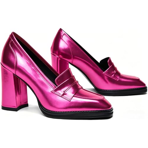 Image of FOWT Dressy High Block Heels Loafers for Women Classical Square Toe Pumps Comfortable Slip On Walking Shoes School Uniform Goth Oxfords US Size 4-16 M