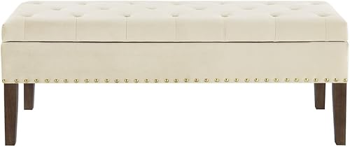 Miniatura 5 de 24KF Banco de almacenamiento tapizado de terciopelo con botones copetudos y clavos tachonados para sala de estar 5076-crema