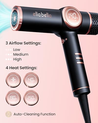 ELLA BELLA® Professional Ionic Hair Dryer with Diffuser • Negative Ion Dryer • Suitable for all hair types • Intelligent heat control and fast drying speeds
