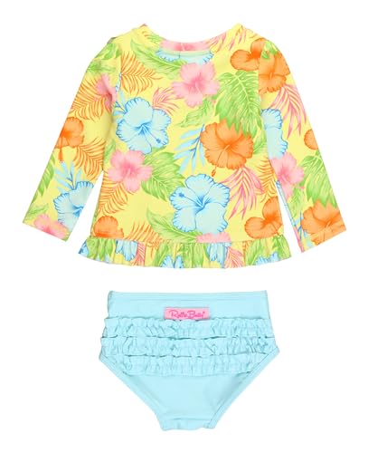 Image of RuffleButts Happy Hula Long Sleeve Ruffled Rash Guard 2-Piece - 10