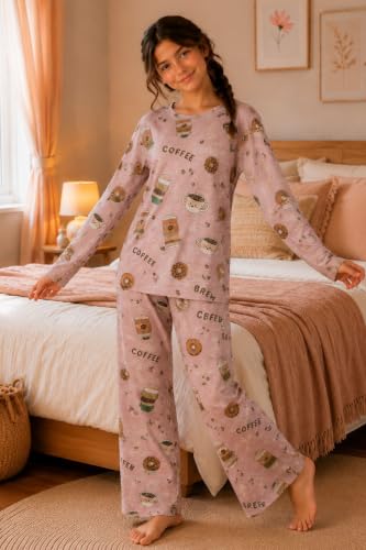 Image of TotzTouch Girls Printed Pyjama Set | Full Sleeve Top with Wide Leg Pyjama Pants | Stylish Cotton Co-Ord Nightwear Set for Kids
