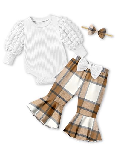 Image of NAPU Baby Girl Clothes Long Sleeve Romper 3Pcs Baby Girl Outfits Flare Pants Set with Headband Fall Baby Girl Winter Clothes