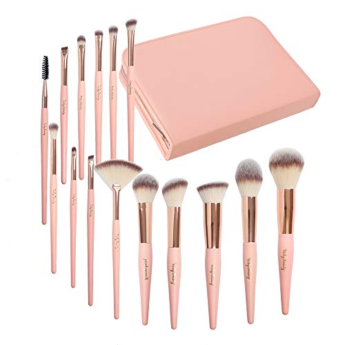 Vickybeauty Professional Makeup Brush Set-15 Premium Cosmetic Applicators with Soft Synthetic Vegan Bristles Rose Gold Pink Wood Handles- Beauty Brushes Kit with Zip Case Travel Bag