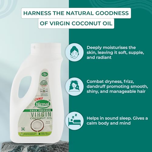 Image of KLF Nirmal Cold Pressed Virgin Coconut Oil | 1L | All Weather Pack | Natural & Edible | Great for Cooking & Personal Care (Pack of 2)