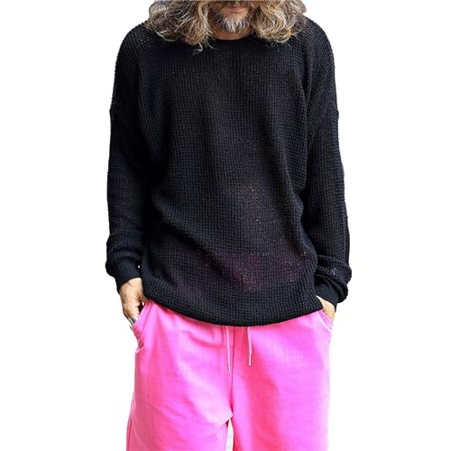 Men's Waffle Knitted Sweater Textured Long Sleeve Crewneck Pullover Male Breathable Stretch Loose Fit Sweaters2