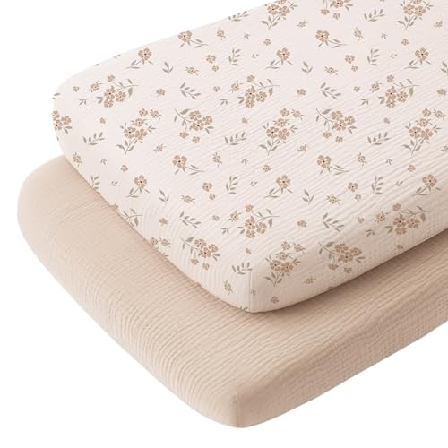 Konssy Muslin Fitted Bassinet Sheets 2 Pack for Baby Girl Boy, Soft Bedside Sleeper Bassinet Sheets Fit for Baby Bassinets, Moses Basket Oval Rectangle Pad/Mattress