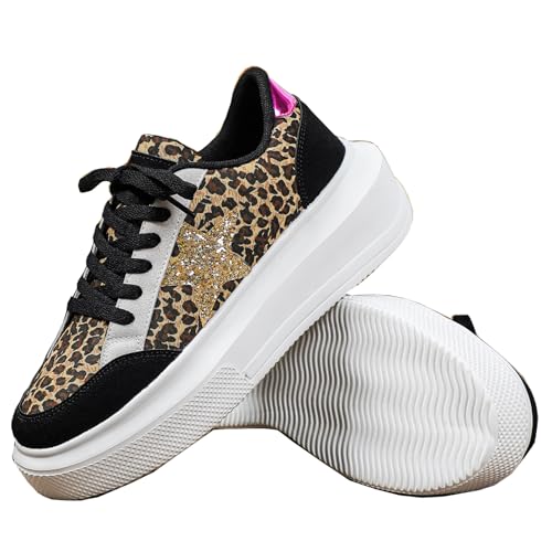 Lanverth Womens Y2K Star Platform Sneakers Sparkly Glitter Leopard Chunky Skate Casual Tennis Shoes White Leopard Print US 9