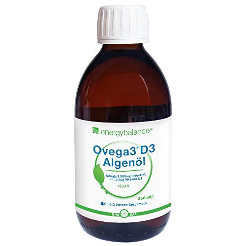 Aceite de algas Ovega3 D3 drink 500mg DHA+EPA | con 2,5µg de vitamina D3 vegana y sabor limón orgánico | vegano | sin gluten | omega3 para niños | sin aceite de pescado, carne y gelatina | 250ml