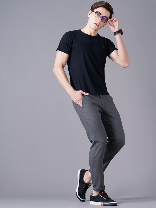 Image of British Club 100% Cotton Slim Fit Flat-Front Trousers for Men | Tailored Design for a Clean Look | Versatile for Office & Casual Wear | Lightweight Breathable Fabric | Black