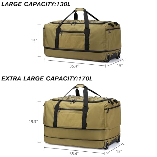 Laripwit Collapsible Duffle Bag with Wheels 130-170L Extra Large Expandable Travel Duffel Bag for Men Women Heavy Duty Military Duffle Bag for Camping Rolling Foldable Carry On Luggage, Brown4