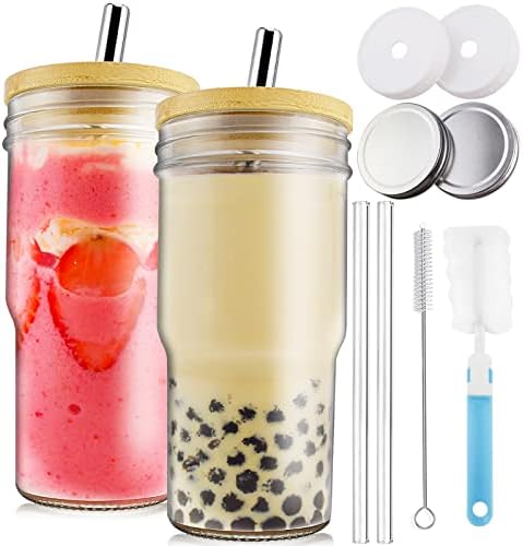Roetell Boba Cup 2 Pack 22oz, Glass Cups with Bamboo Lids and Straws, Iced Coffee Cups Fit for Car Cup Holder, Party or Travel Tumbler for Bubble Tea, Beverage