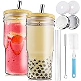 Roetell Boba Cup 2 Pack 22oz, Glass Cups with Bamboo Lids and Straws, Iced Coffee Cups Fit for Car C