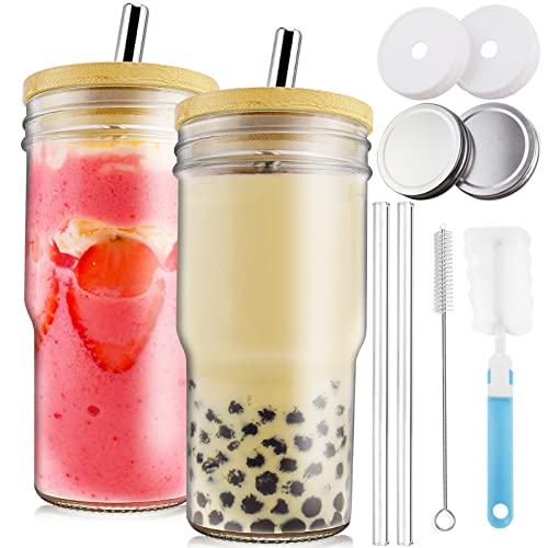 Roetell Boba Cup 2 Pack 22Oz, Glass Cups With Bamboo Lids And Straws, Iced Coffee Cups Fit For Car Cup Holder, Party Or Travel Tumbler For Bubble Tea, Beverage #TOP26