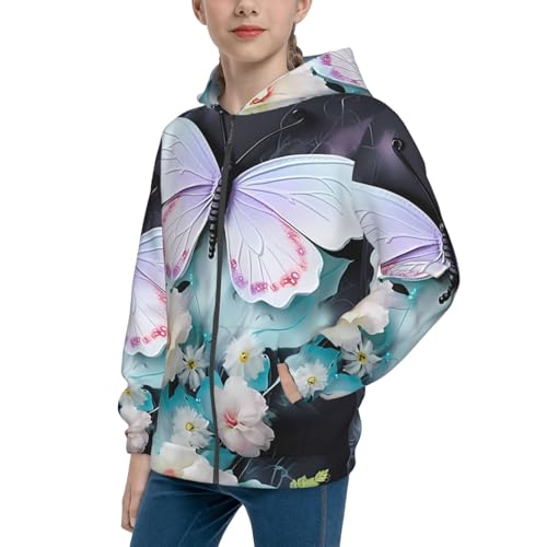 White Butterfly Print Girls Athletic Zip Up Hoodies,Sweatshirts with Pockets Long Sleeve Hooded Jackets, for 7-18 Y