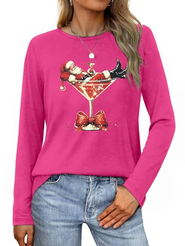 Christmas Shirts for Women Christmas Tree Shirt Long Sleeve Merry and Bright Shirt Xmas Tee Tops A-Pink