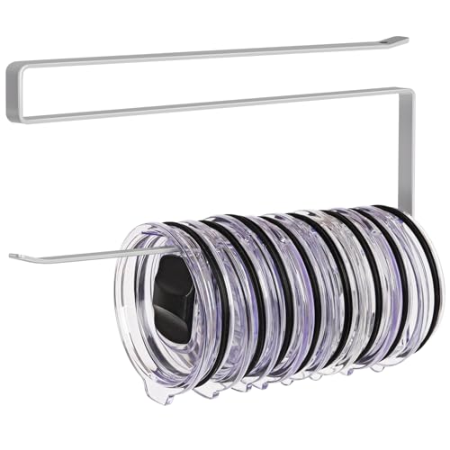 Tumbler Lid Organizer, Horizontal Tumbler Lid Storage Hook Up to 10 Lids, Space Saving Cup Lid Holders Under Cabinet Tumbler Lid Hook for Kitchen Organizer and Storage, Paper Towel Rack Hanger (Gray)