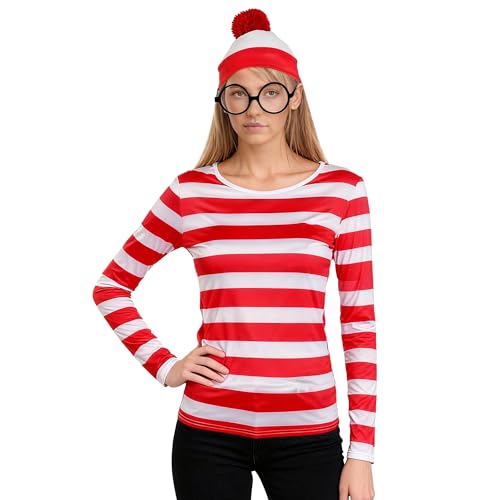 Wildarms ¡Disfraz Completo de Wally! Camisa Rayas Roja/Blanca + Gafas + Sombrero   Triunfa en Halloween, Cosplay y Fiestas Adultas (S/M)