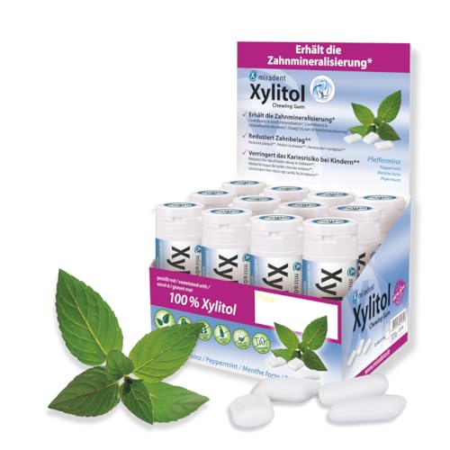 miradent Xylitol Zahnpflegekaugummi Pfefferminz Display 12 St. | erfrischender Geschmack | zuckerfrei | vegan | kariespräventiv | für unterwegs