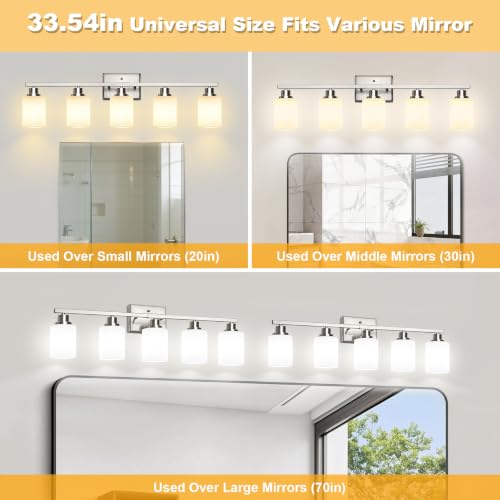 Image of Unicozin 5-Light Bathroom Light Fixtures, Modern Brushed Nickel Vanity Light Over Mirror, Wall Sconces with Milky White Glass Shades for Living Room Bedroom Hallway E26 Base