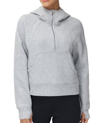 THE GYM PEOPLE Women’s Hoodies Half Zip Long Sleeve Fleece Crop Pullover Sweatshirts with Pockets Thumb Hole Grey