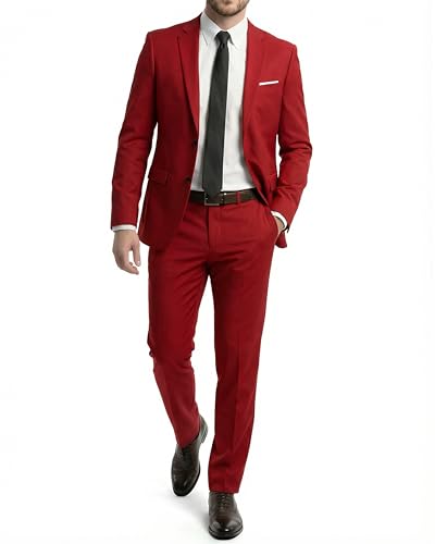 MYS Mens 2 Piece Suit with Tie 2 Button Slim Fit Solid Jacket & Pants Set Suits for Men at Party Prom Wedding & Business Red