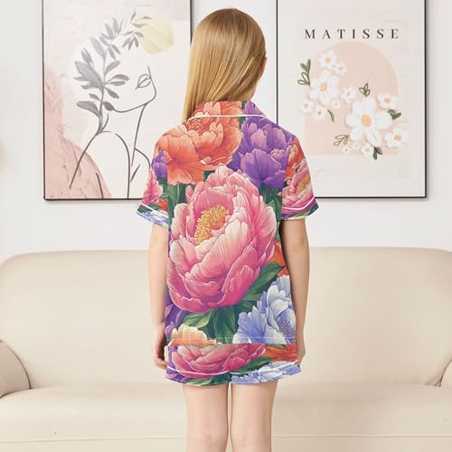 Satin Pajama Sets Short Sleeve Floral Pattern with Colors Button Down Silky Nightwear 2 Piece PJS 5-14Y4