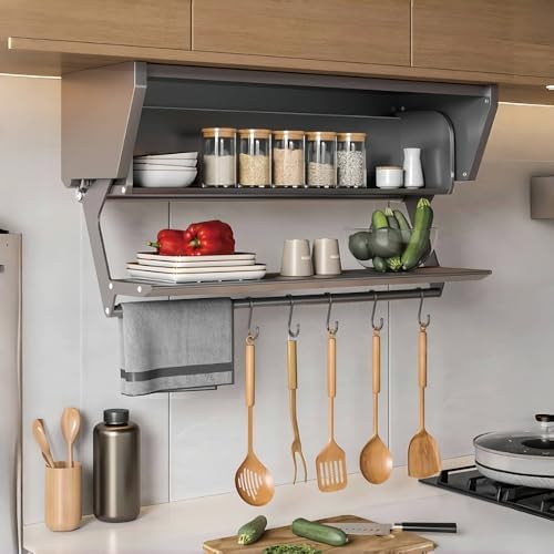 Wall Mounted Spice Rack with Foldable Shelf, Double-Layer Storage Organizer with Towel Bar, Under Cabinet Kitchen & Bathroom Organizer (31.5"x8.3")