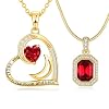 January Garnet Necklace for Women-Square Crystal Necklace and Gold Heart Necklace Set Women Gifts for Her