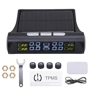 Geloo Universal Tire Pressure Monitoring System with 4 External Sensors Wireless TPMS Solar Monitor with Alarm Mode,Pressure Range 0-6 bar for Car SUV Trailer