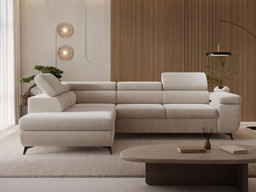 GRAINGOLD Argon L Ecksofa modern mit Bettfunktion, 255x190 cm, L-Form Sofa, Schlafcouch für Wohnzimmer, Velvet-Stoff, 4-Sitzer Eckcouch, Ecksofa mit Bettkasten (Beige, Links)