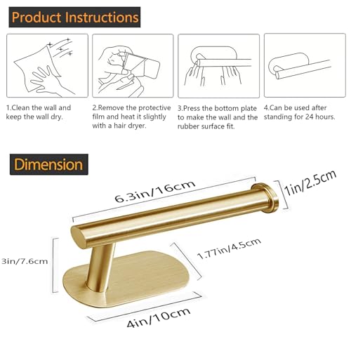 Toilet Paper Holder - Self Adhesive Toilet Paper Holder Wall Mount for Bathroom, SUS 304 Stainless Steel Command Strip Toilet Paper Roll Holder Stick On Wall, No Drilling - Brushed Gold