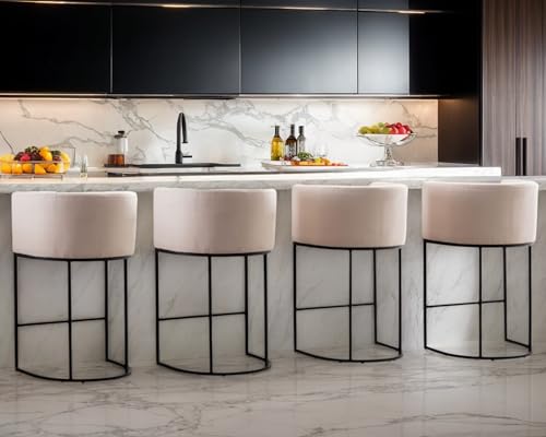 Contemporary Cream Linen Bar Stools Set of 4, 29" Upholstered Counter Height Stools