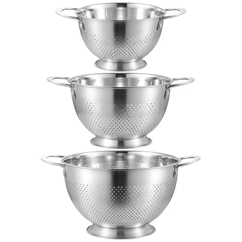 Seiher Set mit 3 Edelstahlsieb mit Griff & rundem Boden Metall Lebensmittelsieb für Nudeln,...