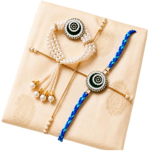 Image of Bhaiya Bhabhi Rakhi Set with Pearl Bracelet | Designer Rakhi for Brother & Bhabhi | Traditional Raksha Bandhan