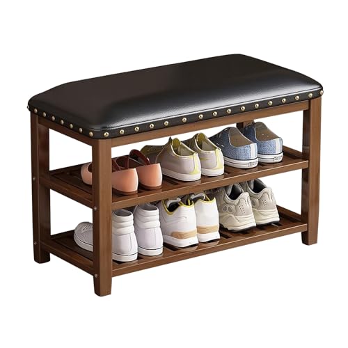 Meuble chaussures bambou haut de gamme avec banquette matelassée en similicuir premium