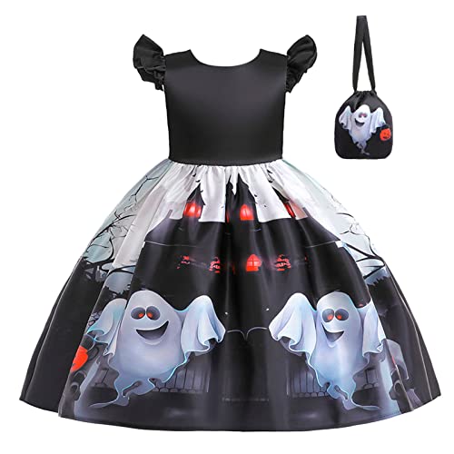 Girls Halloween Prints Dress Flutter Sleeve Puffy Gown Toddler Child Party Pageant Dresses+Bag